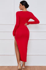 Chest Cutout Knot Fitted Long Sleeve Midi Dress