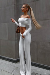 Off Shoulder Long Sleeve Crop Top Pants Set