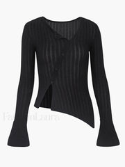 Flare Cuff Graceful Ribbed Knit Top Black / XS Shirts
