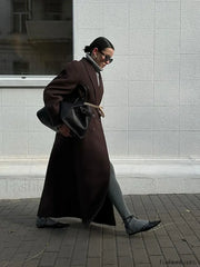 Flip Collar Double Breasted Pocket Woolen Coat Fashion Long Sleeved Overcoats