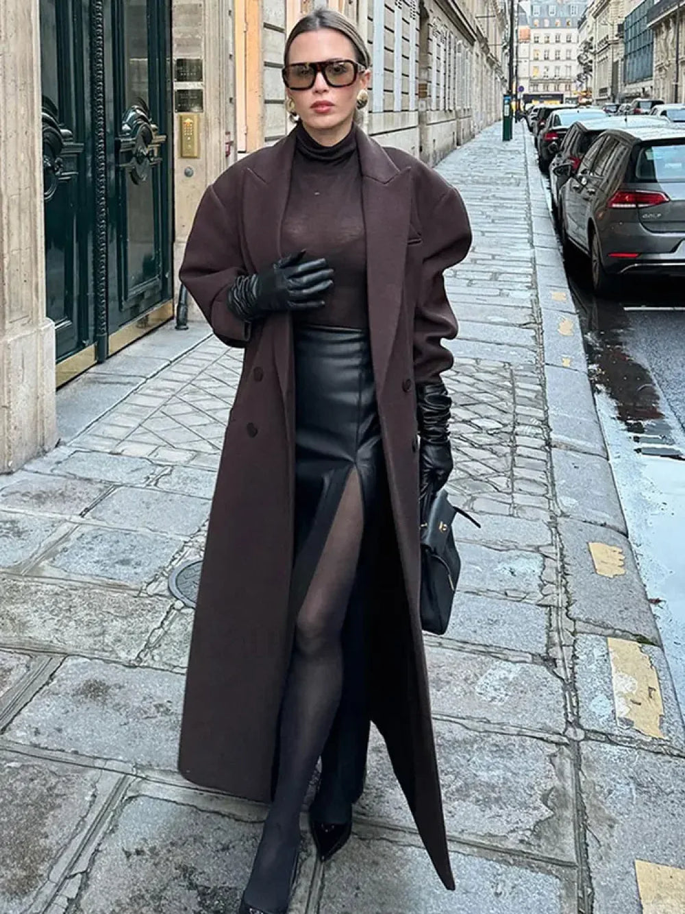 Flip Collar Double Breasted Pocket Woolen Coat Fashion Long Sleeved Overcoats