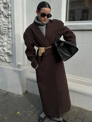 Flip Collar Double Breasted Pocket Woolen Coat Fashion Long Sleeved Overcoats
