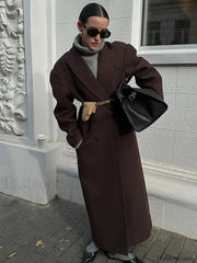 Flip Collar Double Breasted Pocket Woolen Coat Fashion Long Sleeved Overcoats