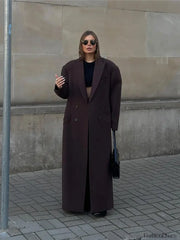 Flip Collar Double Breasted Pocket Woolen Coat Fashion Long Sleeved Overcoats Brown / S
