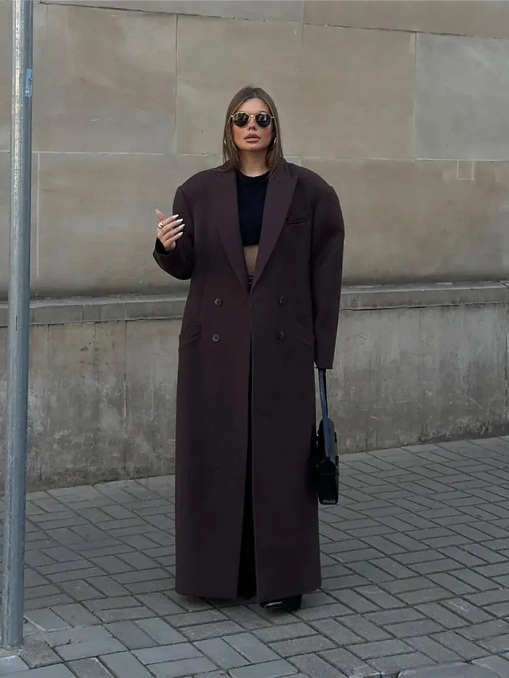 Flip Collar Double Breasted Pocket Woolen Coat Fashion Long Sleeved Overcoats Brown / S