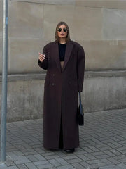 Flip Collar Double Breasted Pocket Woolen Coat Fashion Long Sleeved Overcoats Brown / S