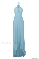 Floral Appliqu茅 Halter Charming Neck Maxi Dress XS / Light Blue