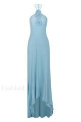 Floral Appliqu茅 Halter Charming Neck Maxi Dress XS / Light Blue