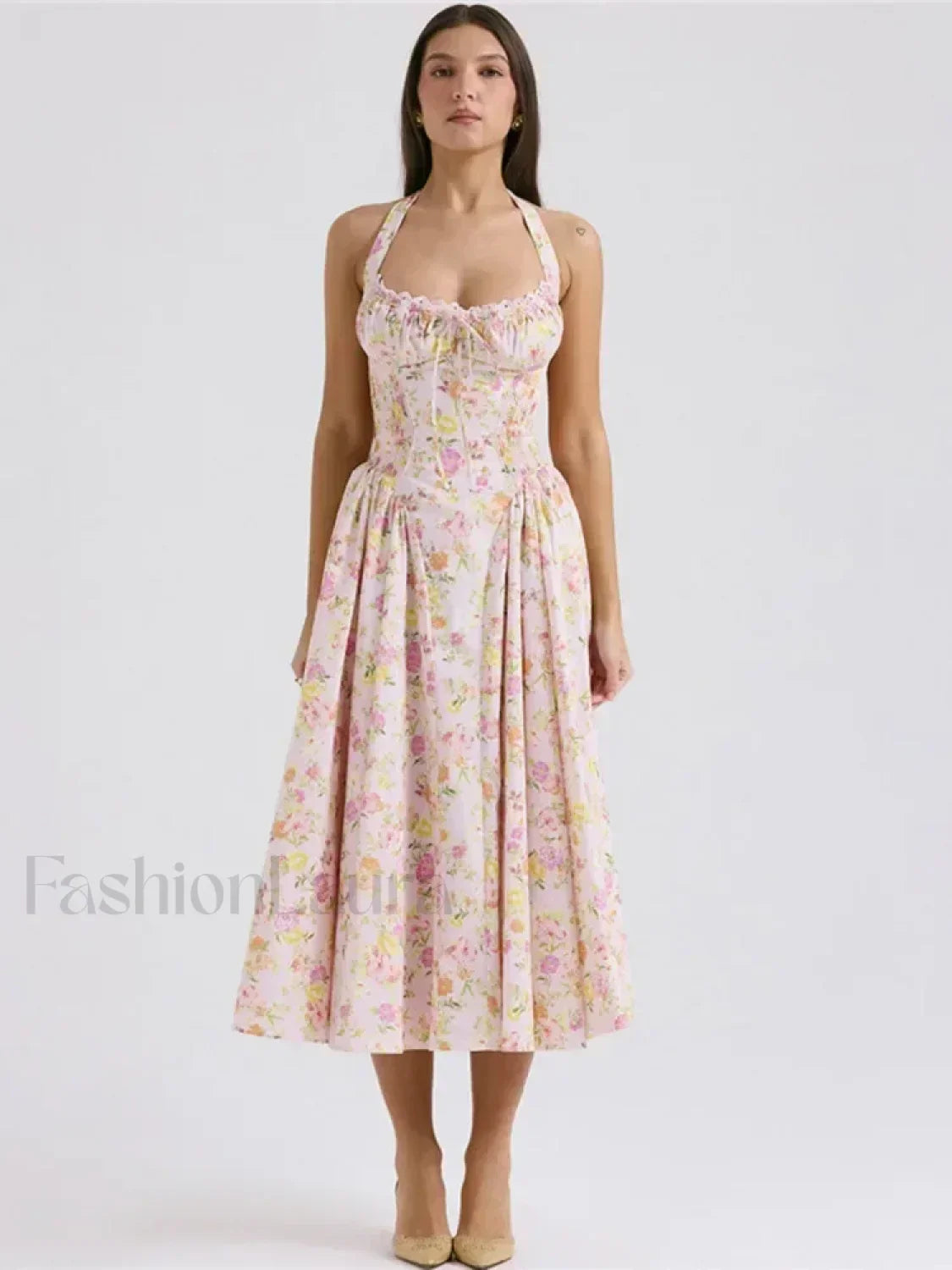 Floral Halter Backless Midi Dress – FashionLaura