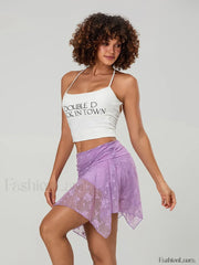 Floral Lace Asymmetric Mini Skirt PURPLE / S