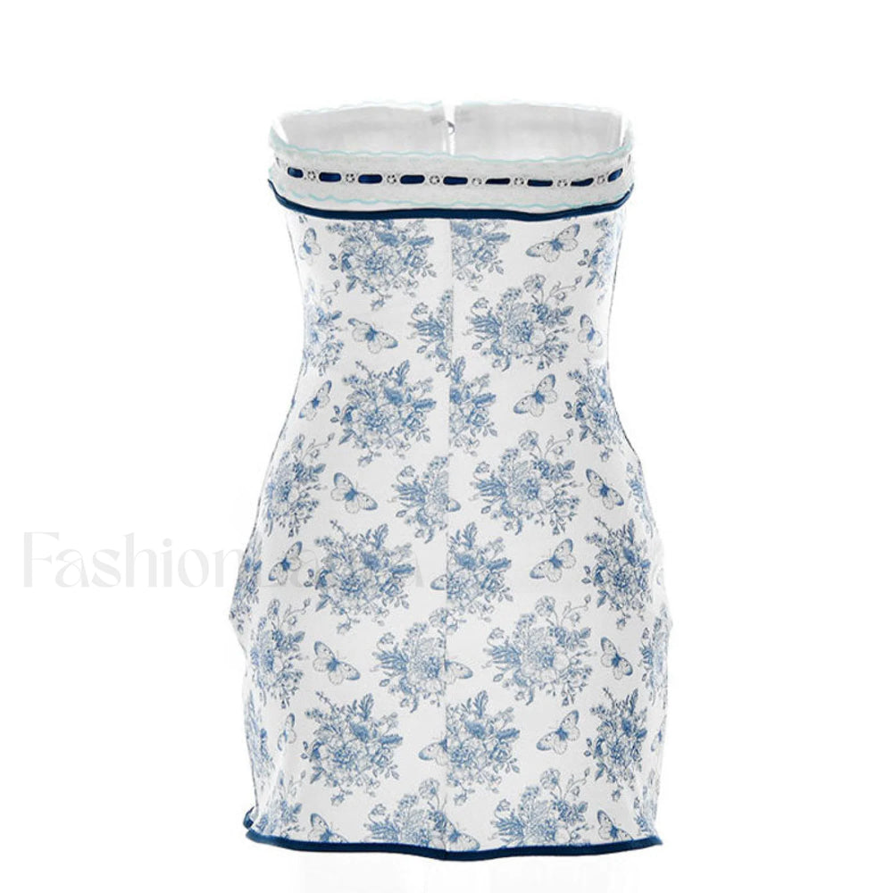 Floral Lace Trim Tie Front Strapless Mini Dress Blue Strapless Dresses