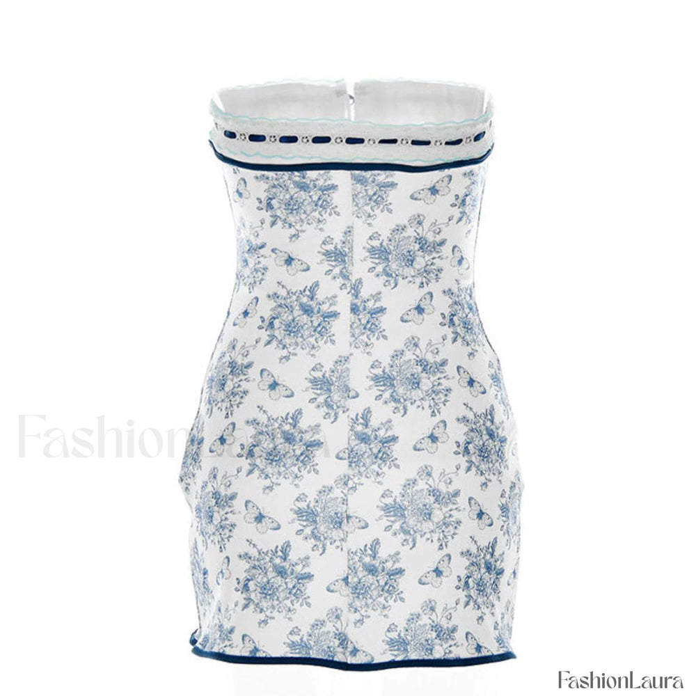 Floral Lace Trim Tie Front Strapless Mini Dress Blue Strapless Dresses