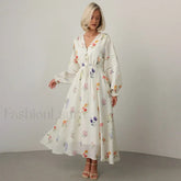 Floral Lantern Sleeve Boho Dress White / S
