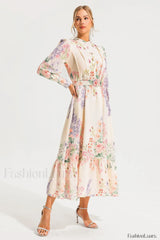 Floral Long Sleeve Charming Maxi Dress With Belt