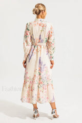 Floral Long Sleeve Charming Maxi Dress With Belt