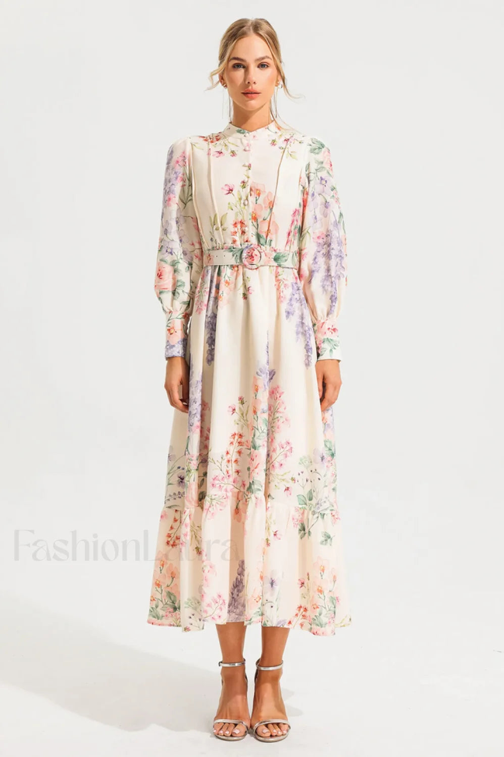 Floral Long Sleeve Charming Maxi Dress With Belt