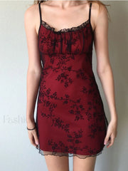 Floral Mesh Paneled Mini Dress Red / S Mini Dresses