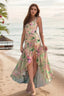 Floral Print Strappy Irregular Split Spice Girl Waist Cinched Maxi Dress Green / S