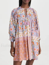 Floral Puff Sleeve Shirt Boho Dress red / S