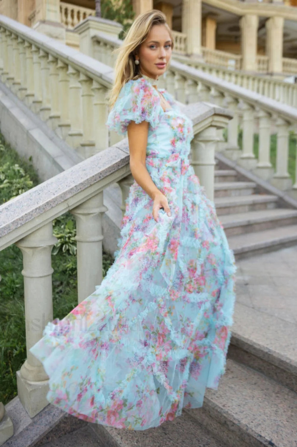 Floral Tulle Puff Sleeve Graceful Bow Tie Maxi Dress