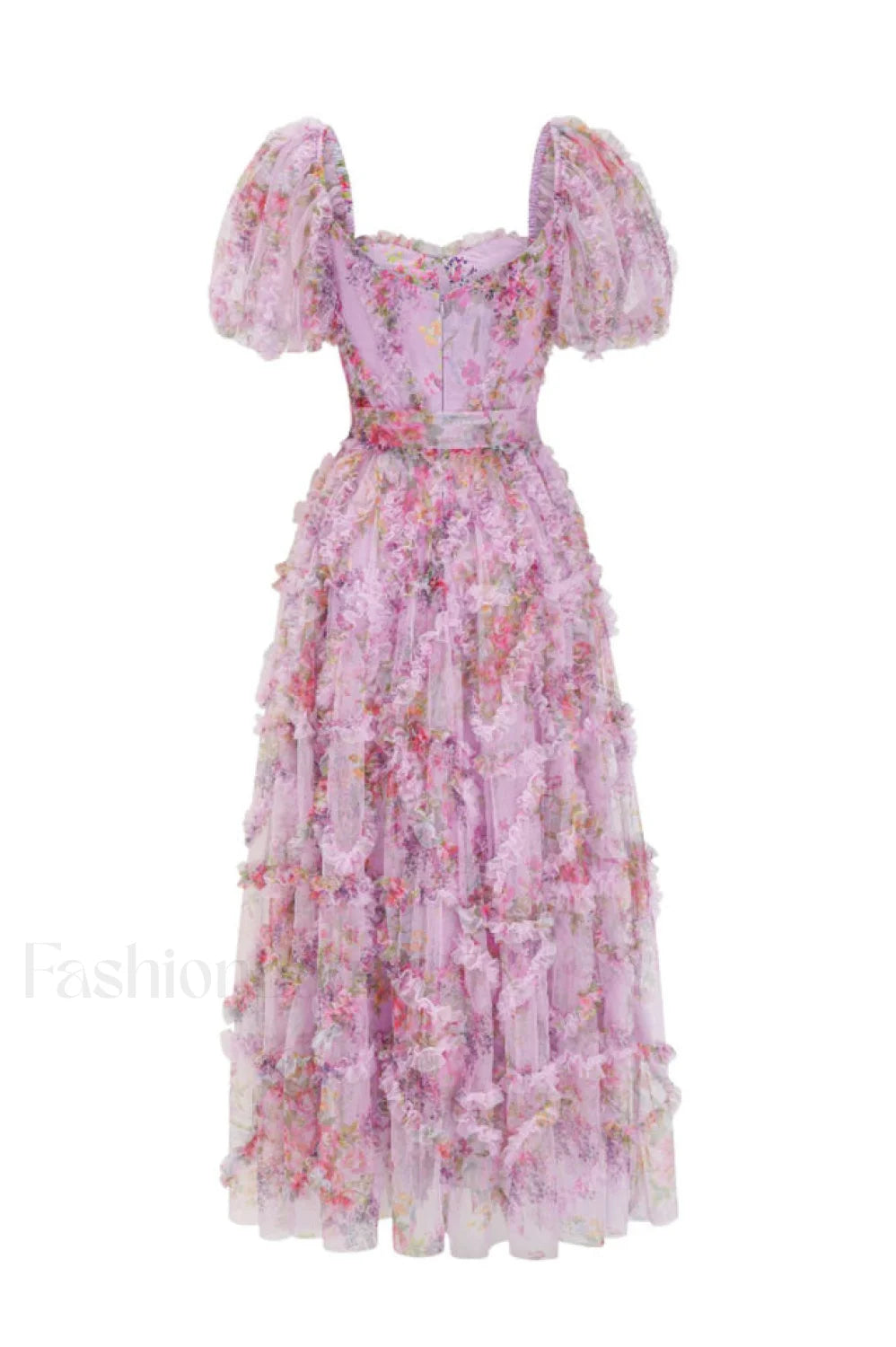 Floral Tulle Puff Sleeve Graceful Bow Tie Maxi Dress