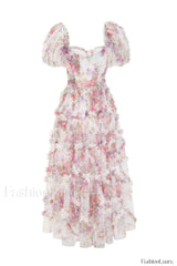 Floral Tulle Puff Sleeve Graceful Bow Tie Maxi Dress