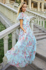 Floral Tulle Puff Sleeve Graceful Bow Tie Maxi Dress