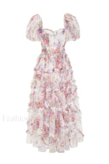 Floral Tulle Puff Sleeve Graceful Bow Tie Maxi Dress