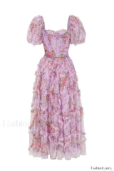 Floral Tulle Puff Sleeve Graceful Bow Tie Maxi Dress