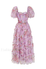 Floral Tulle Puff Sleeve Graceful Bow Tie Maxi Dress