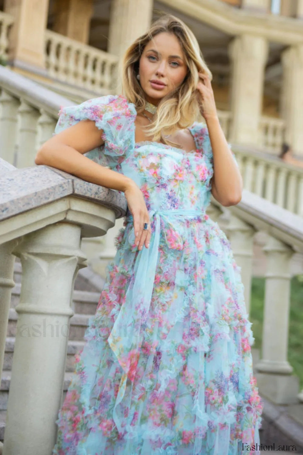 Floral Tulle Puff Sleeve Graceful Bow Tie Maxi Dress