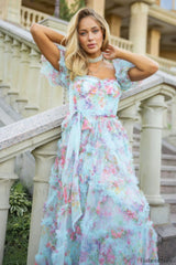 Floral Tulle Puff Sleeve Graceful Bow Tie Maxi Dress
