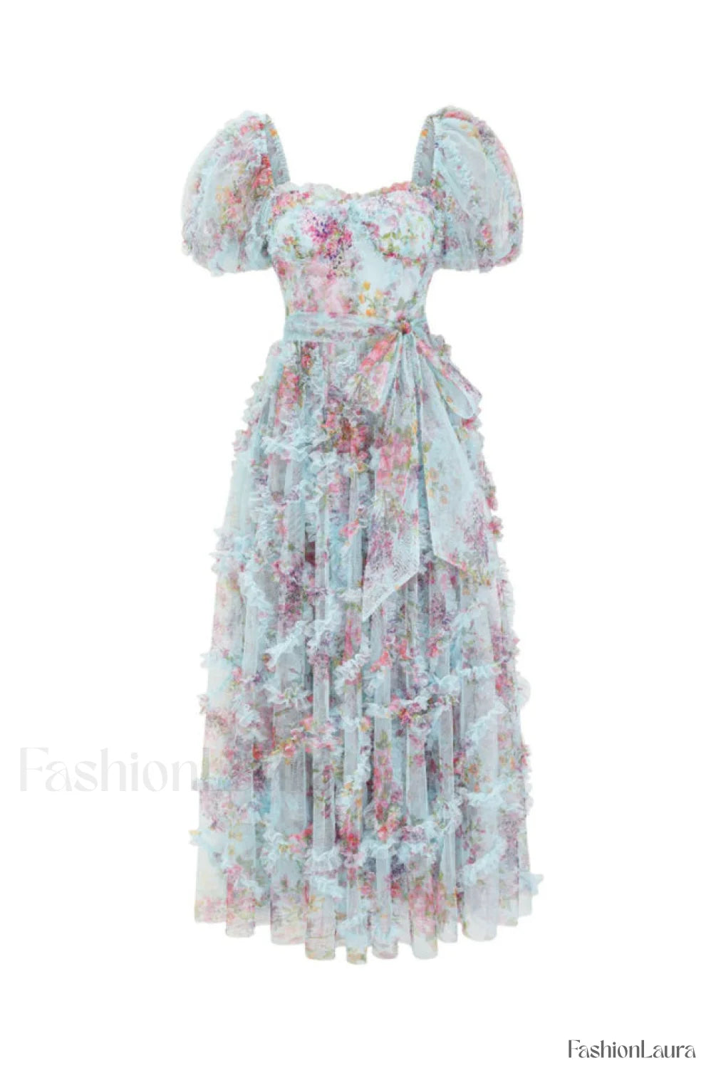 Floral Tulle Puff Sleeve Graceful Bow Tie Maxi Dress S / Blue Floral