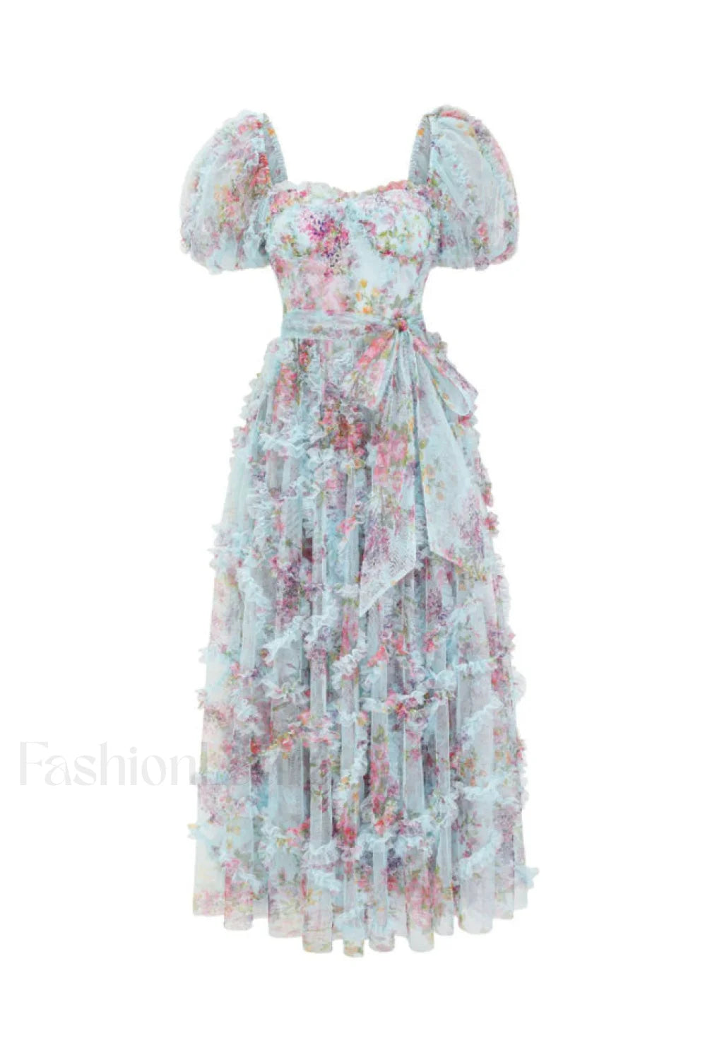 Floral Tulle Puff Sleeve Graceful Bow Tie Maxi Dress S / Blue Floral