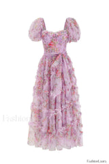 Floral Tulle Puff Sleeve Graceful Bow Tie Maxi Dress S / Lilac Floral
