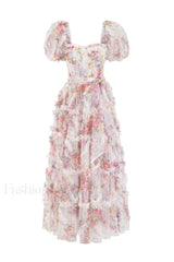 Floral Tulle Puff Sleeve Graceful Bow Tie Maxi Dress S / White Floral