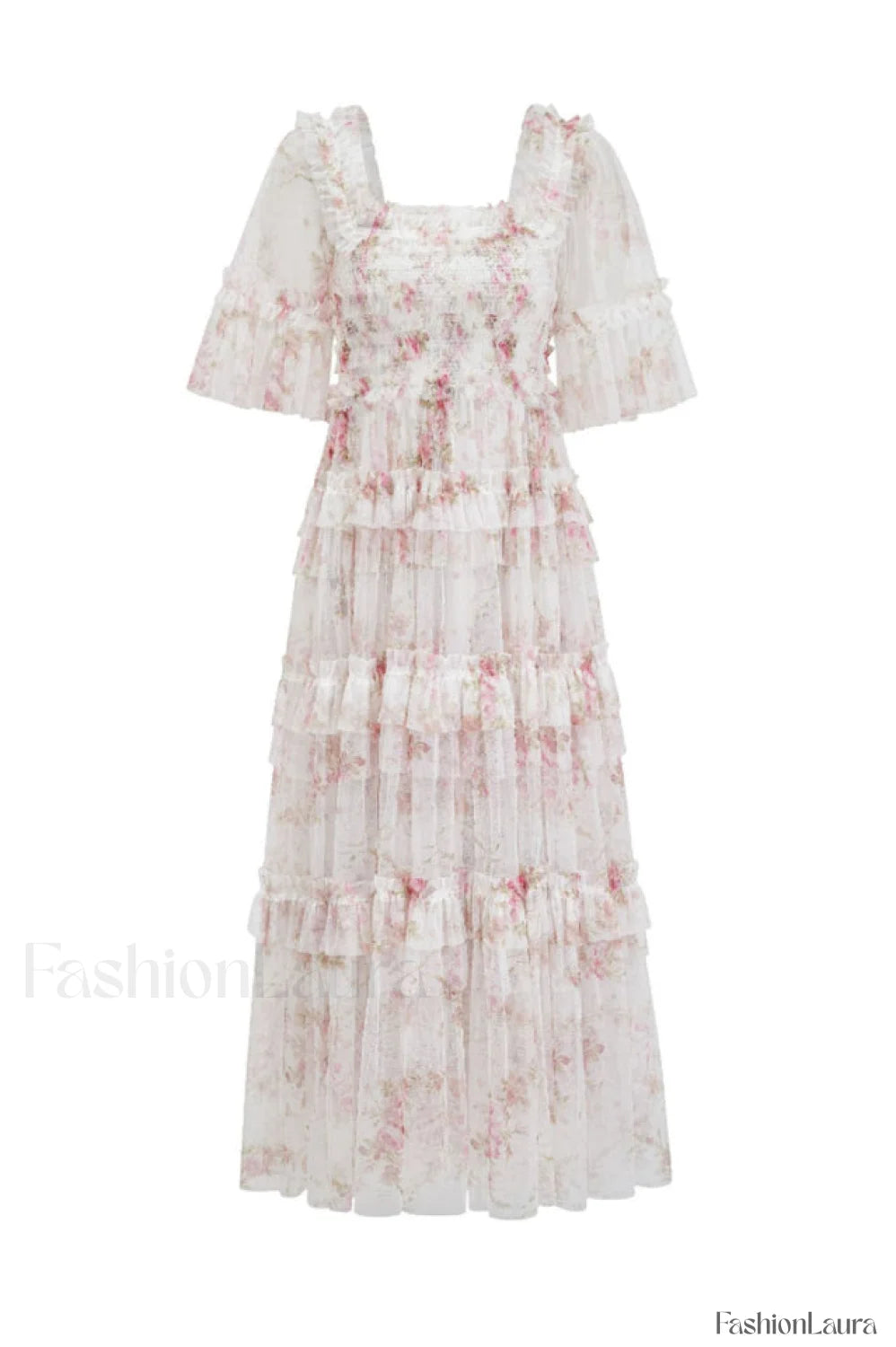 Floral Tulle Ruffle Charming Layered Maxi Dress S / 2#