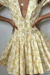 Floral V Neck Slim Fit Puff Sleeve French Retro Floral Dress