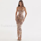 Flower Print Spaghetti Strap Lace Up Back Bodycon Maxi Dress Brown S / Brown Floral Dresses