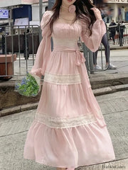 French Elegant Lace Solid A Line Evening Party Midi Dress