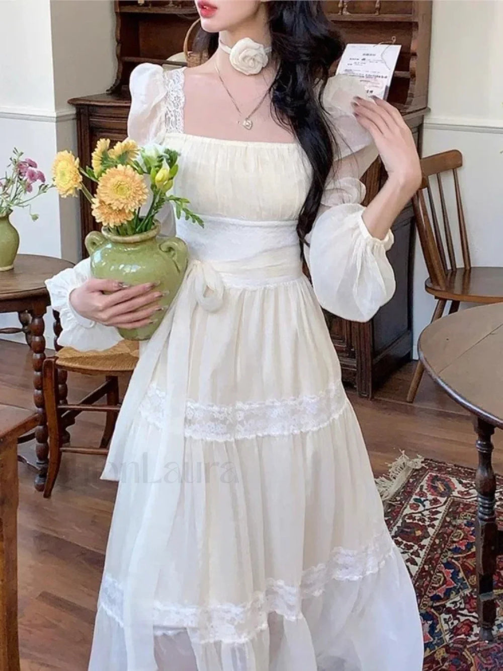 French Elegant Lace Solid A Line Evening Party Midi Dress