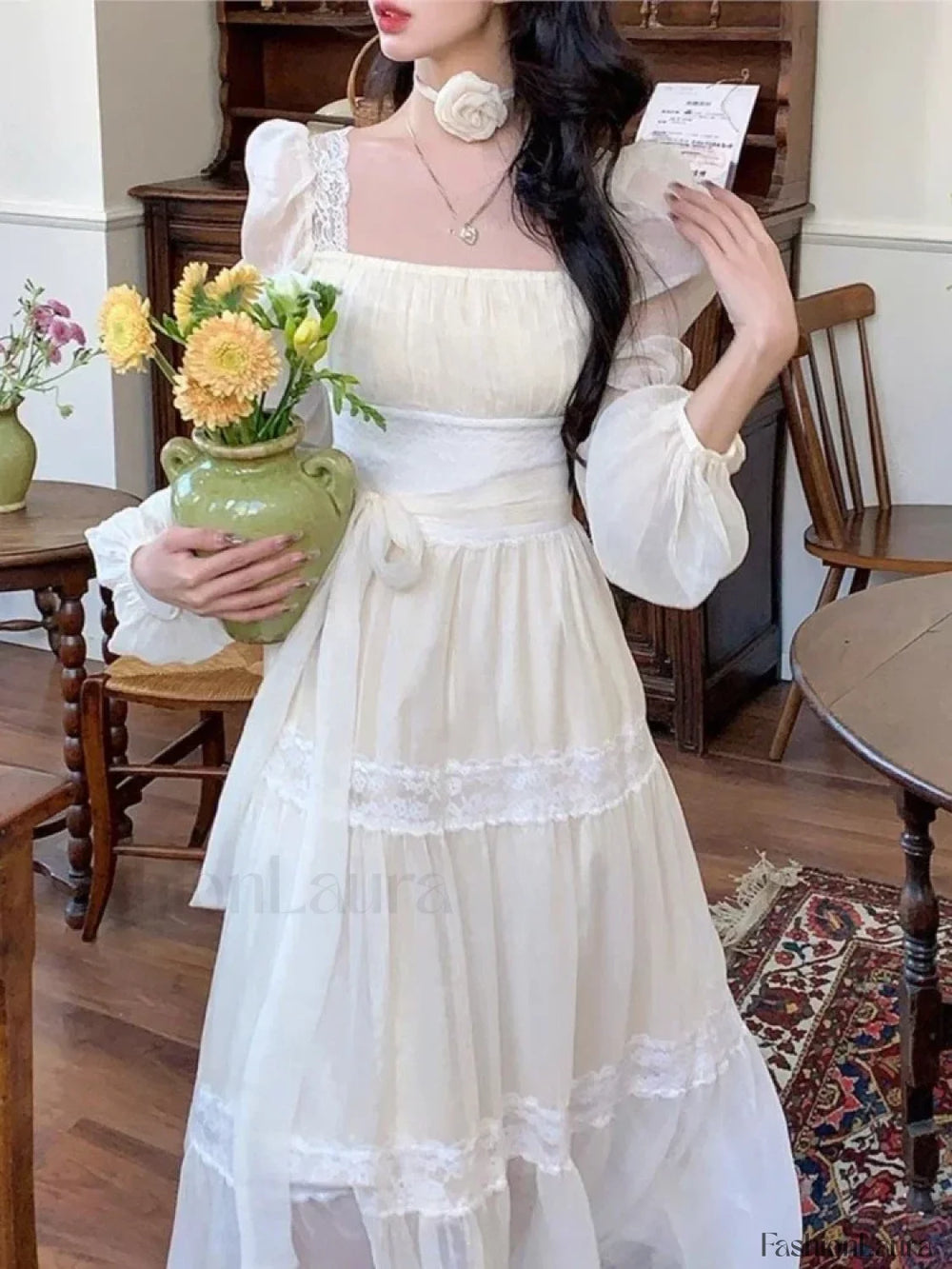 French Elegant Lace Solid A Line Evening Party Midi Dress