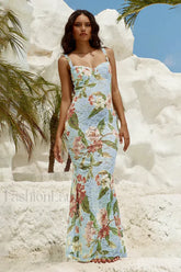 French Retro Lace Vest Sleeveless Printed Floral Dress Blue / S