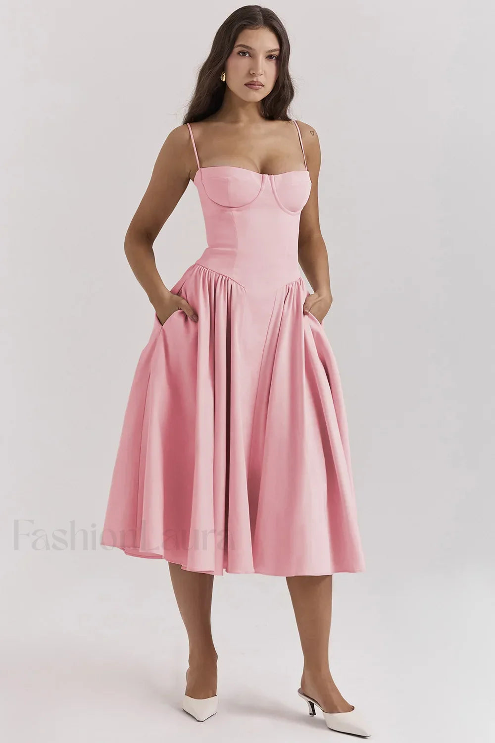 French Vintage Strap Midi Dress Pink / S