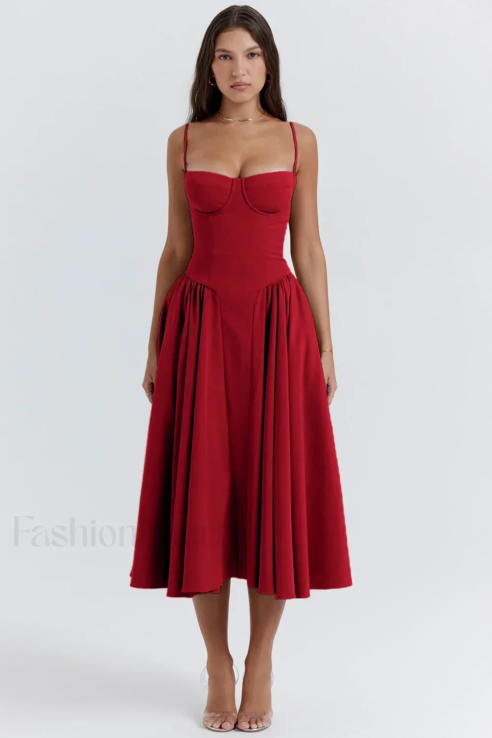 French Vintage Strap Midi Dress Red / S