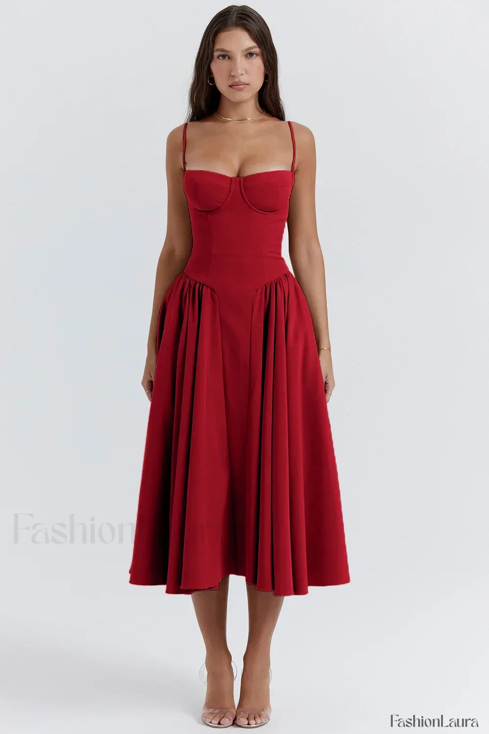 French Vintage Strap Midi Dress Red / S