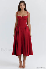 French Vintage Strap Midi Dress Red / S