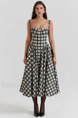 French Vintage Strap Midi Dress Tartan 3 / S