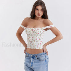 Fresh Tie Front Square Neck Frill Bustier Floral Printed Tank Top Pink L / Pink Floral Tops