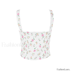 Fresh Tie Front Square Neck Frill Bustier Floral Printed Tank Top Pink Floral Tops